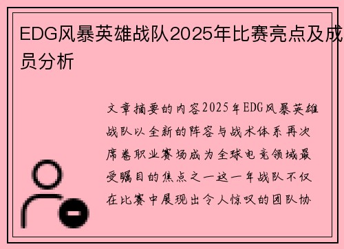 EDG风暴英雄战队2025年比赛亮点及成员分析
